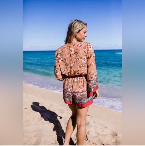 Long Sleeve Surplice PrintBoho Romper Small - Picture 2 of 4